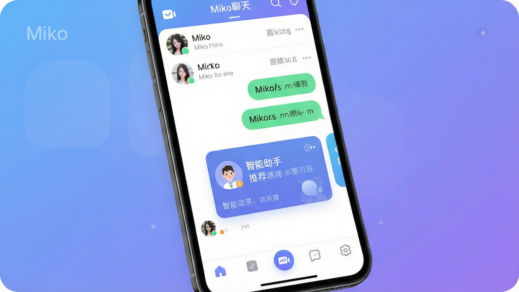 Miko聊天软件主界面展示,主体为一部智能手机屏幕,屏幕内显示Miko聊天应用界面,布局上方为好友列表与消息气泡,中间有智能助手推荐卡片,底部为导航栏,排版简洁清晰,风格为现代扁平化科技风,细节包含柔和的蓝紫渐变背景、圆角图标、明亮文字,画质高清干净无多余元素,画面中文字标注“Miko聊天”