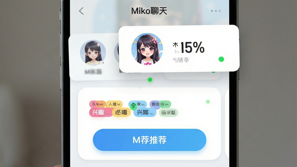 手机屏幕中展示Miko聊天智能匹配界面,主体为悬浮的用户头像卡片与匹配度百分比,布局采用上下滑动卡片式设计,排版居中突出推荐按钮,风格为清新浅色系社交应用UI,细节包含彩色兴趣标签、在线状态小绿点、圆润按钮,画质高清干净无多余元素,画面中文字标注“Miko聊天”