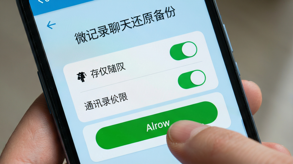 一部安卓手机显示微记录聊天还原备份的权限授权界面,界面中有存储权限和通讯录权限的开关按钮,手指正在点击允许按钮,背景为浅蓝色,风格友好亲切,细节清晰,画质高清,画面中文字“微记录聊天还原备份”清晰可见,无多余元素。