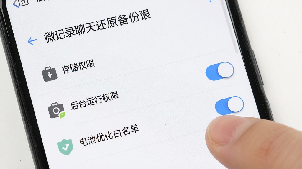 一部安卓手机展示微记录聊天还原备份的权限设置界面,界面中有存储权限、后台运行权限和电池优化白名单选项,手指正在操作开关,背景为白色,风格简洁实用,细节清晰,画质高清,画面中文字“微记录聊天还原备份”清晰可见,无多余元素。