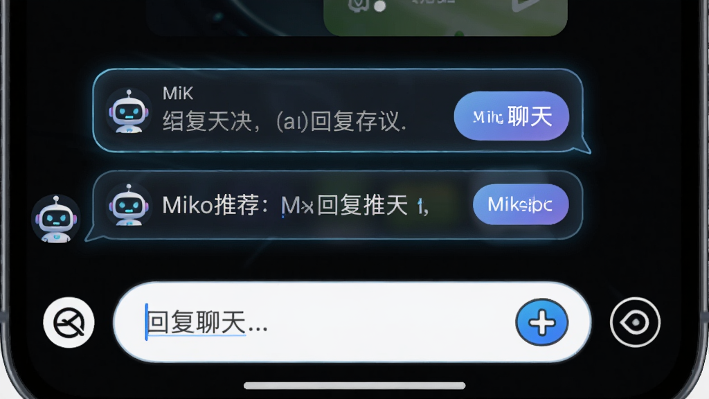 手机聊天输入界面特写,主体为输入框上方的AI回复建议气泡,布局为横向排列的推荐语句,排版位于屏幕下方三分之一处,风格为智能科技感UI,细节包含发光边框、机器人小图标、渐变按钮,画质高清干净无多余元素,画面中文字标注“Miko聊天”
