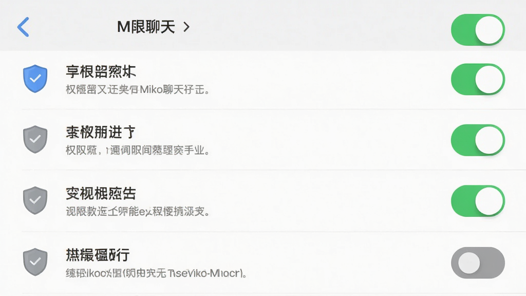 手机安全设置界面,主体为权限管理页面,布局为纵向权限列表,排版包含开关按钮与说明文字,风格为简洁系统风,细节包含盾牌图标、绿色勾选标记、灰色关闭状态,画质高清干净无多余元素,画面中文字标注“Miko聊天”