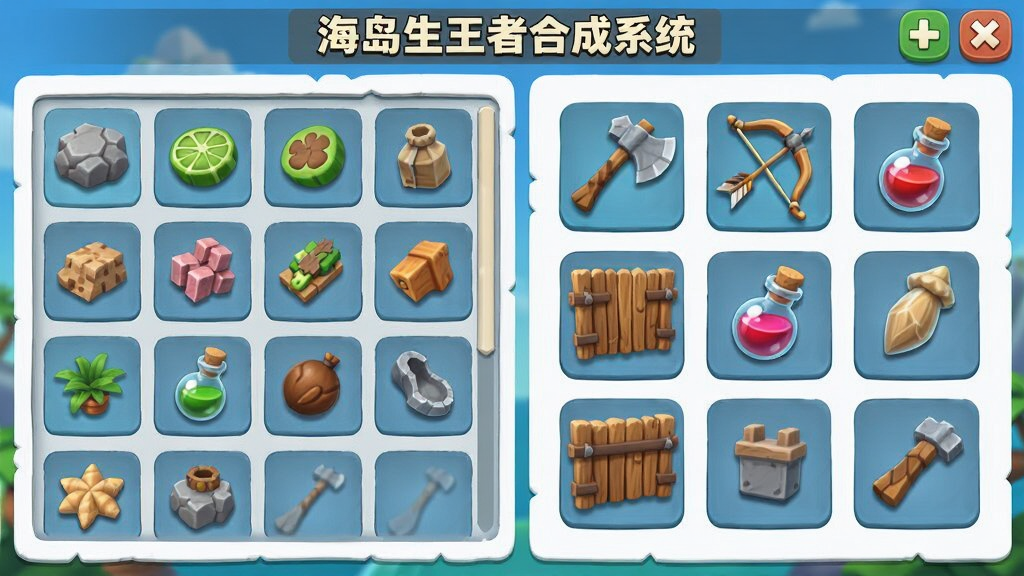 海岛生存王者合成系统界面,画面展示工作台合成面板,左侧是材料列表右侧是成品图标,包含石斧弓箭药水木墙等道具,3D卡通风格,界面清晰,高画质,干净整洁