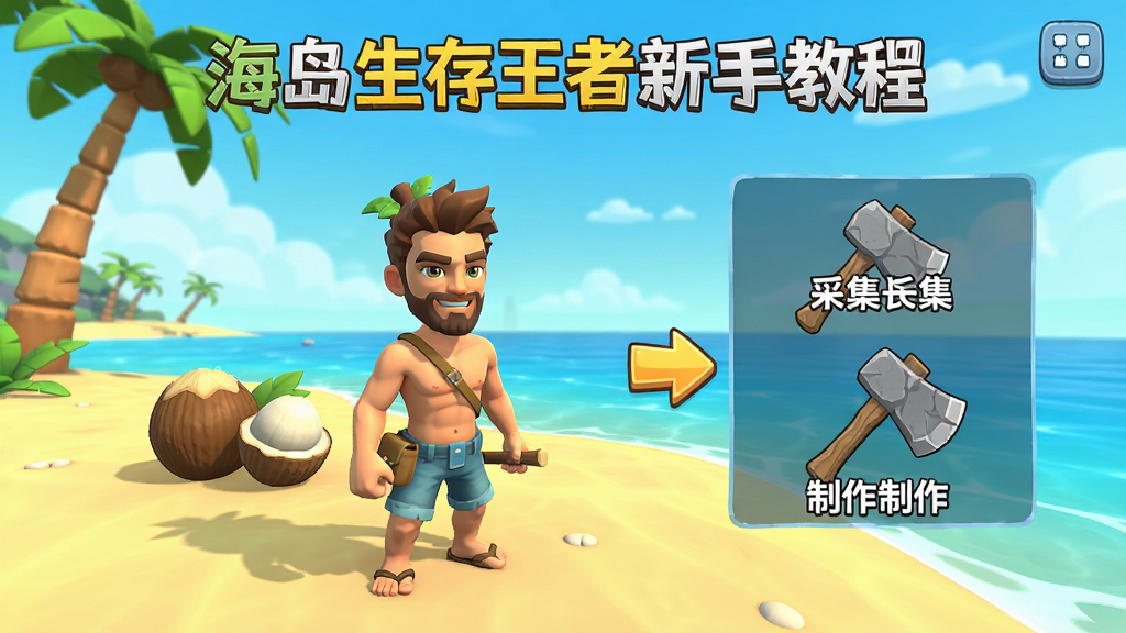 海岛生存王者新手教程界面,画面中角色站在海滩上,屏幕显示任务提示采集椰子和制作石斧,旁边有箭头指引,3D卡通风格,界面简洁,高画质,干净无多余元素