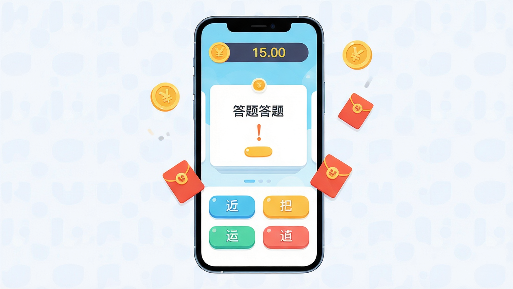 每日都答题 手机应用界面全景展示,主体为一部竖屏智能手机,屏幕显示色彩明快的答题界面,布局为顶部金币计数器、中部题目卡片、底部四个选项按钮,排版整洁居中,风格为扁平化卡通科技风,细节包含悬浮的金币图标和红包元素,画质高清,干净,无多余元素
