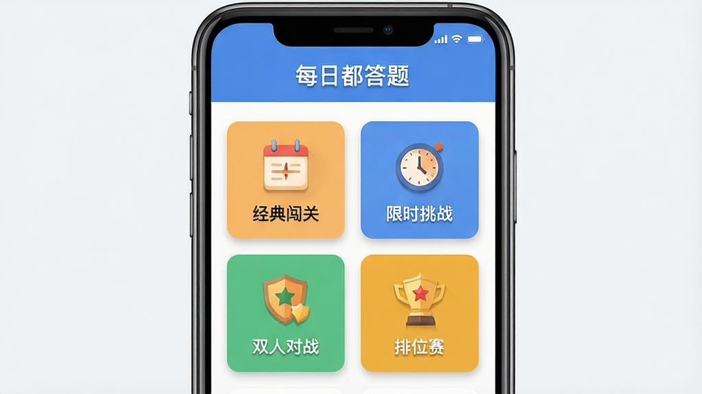 每日都答题 多种答题模式界面展示,主体为手机屏幕内四个并排的功能卡片,分别标注经典闯关、限时挑战、双人对战、排位赛,布局为上下结构,上方为标题栏,下方为卡片网格,风格为清新扁平化UI设计,细节包含彩色图标和微妙的阴影效果,画质清晰,干净,无多余元素