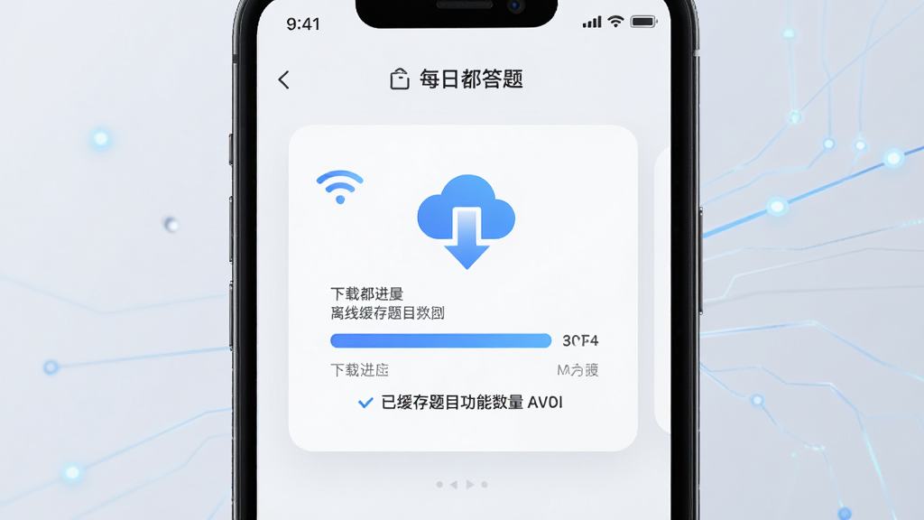 每日都答题 离线缓存功能示意图,主体为手机屏幕显示下载进度条和已缓存题目数量,布局为居中卡片式,风格为简约科技风,细节包含WiFi图标和云端下载箭头,画质高清,干净,无多余元素