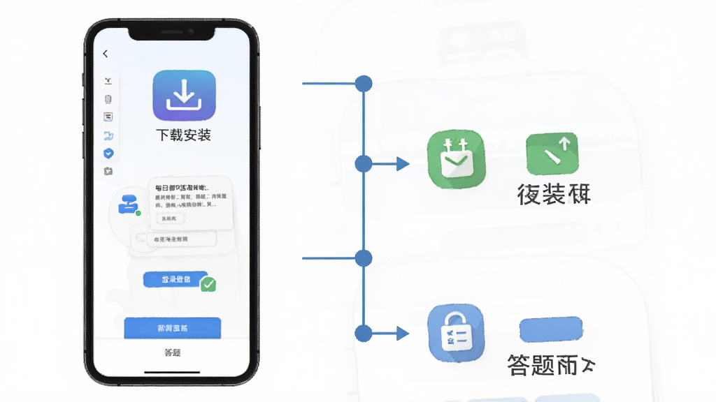 每日都答题 新手操作流程图解,主体为手机屏幕显示从下载安装到开始答题的四个步骤,布局为纵向时间轴排列,风格为简洁信息图风格,细节包含下载图标、安装图标、登录图标和答题图标,画质清晰,干净,无多余元素