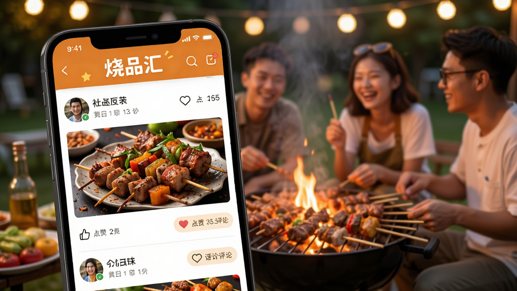 烧品汇社区互动界面预览图,画面展示手机屏幕上的社区动态列表,包含用户晒出的烧烤美食图片、点赞和评论按钮,页面风格温暖活泼,背景为烧烤聚会场景虚化,画质清晰,无多余元素,画面中文字为“烧品汇”。