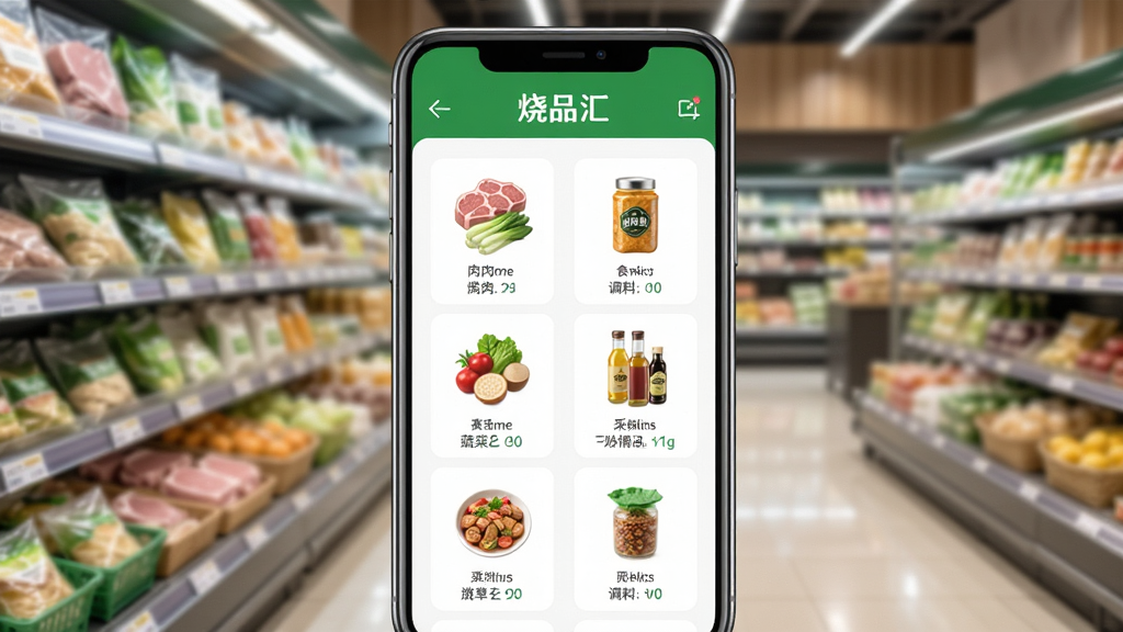 烧品汇食材选购界面预览图,画面展示手机屏幕上的食材列表和采购清单,包含肉类、蔬菜、调料等分类图标,页面设计清爽,以绿色和白色为主色调,背景为超市货架虚化效果,画质清晰,无多余元素,画面中文字为“烧品汇”。