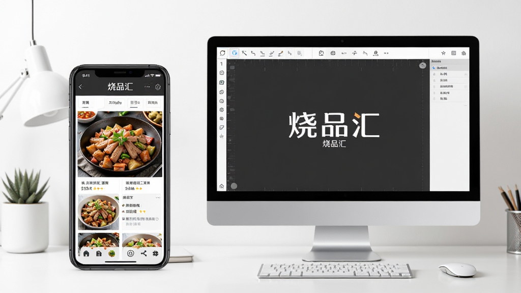 烧品汇移动端操作示意图,画面展示一部手机和一台电脑,手机屏幕上显示烧品汇的菜谱页面,电脑屏幕上显示模拟器运行烧品汇的界面,背景为简洁的桌面环境,风格干净商务,画质清晰,无多余元素,画面中文字为“烧品汇”。