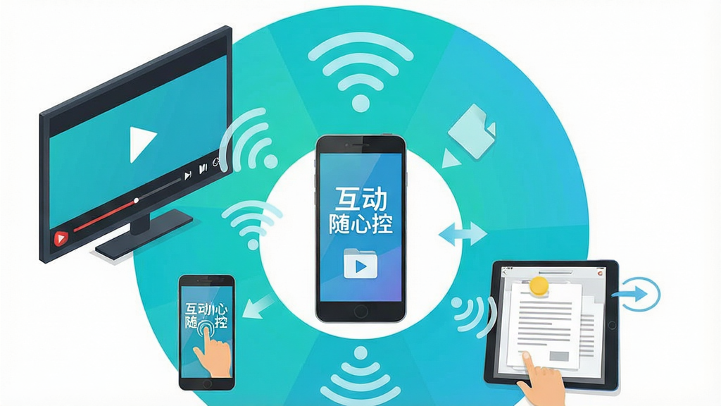 一张展示智能手机、平板电脑与智能电视通过无线信号连接在一起的科技感场景图。画面中央是带有“互动随心控”字样的手机界面,周围环绕着播放视频的电视屏幕和显示文档的平板。布局采用环形放射状构图,风格为现代扁平化插画,细节包括Wi-Fi信号波纹、触控手势图标、文件传输箭头。画质清晰,色彩明亮,背景干净无多余元素。
