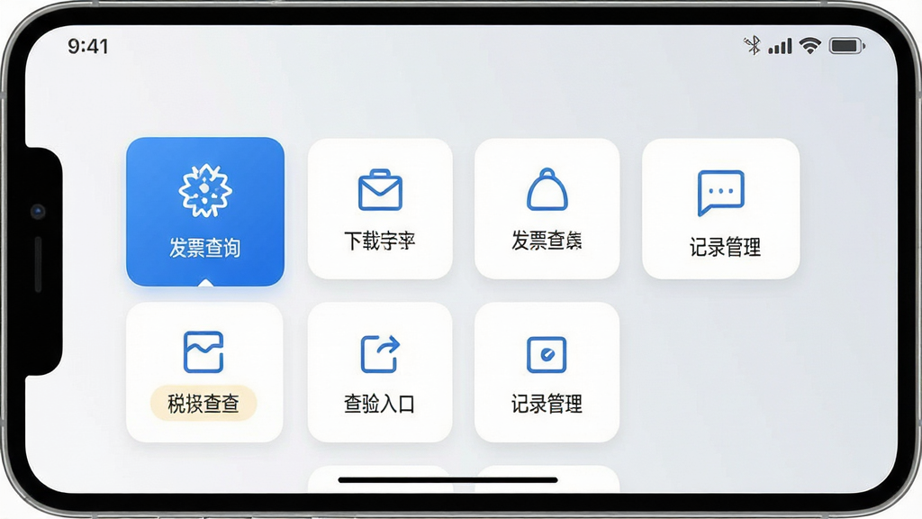 一张手机屏幕展示电子发票税务查查应用主界面,界面中包含发票查询、发票下载、查验入口、记录管理等模块图标,整体布局清晰简洁,采用蓝白配色,背景为浅灰色渐变,风格为现代扁平化UI设计,细节包括圆角卡片、线性图标、状态栏时间显示,画质清晰干净,无多余元素