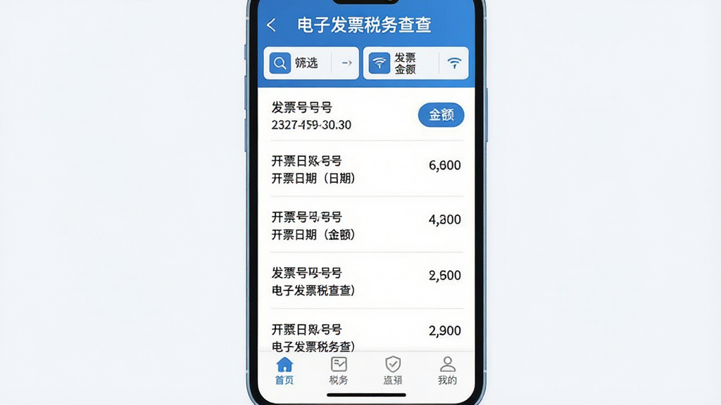 一张手机应用界面截图风格插图,画面中央展示电子发票税务查查的发票查询结果列表,列表项包含发票号码、开票日期、金额等字段,顶部有筛选条件栏,底部有导航菜单,整体采用蓝白商务配色,排版整齐,风格为移动端扁平化设计,细节包括搜索图标、筛选按钮、列表分割线,画质清晰,干净无多余元素,画面中带有
