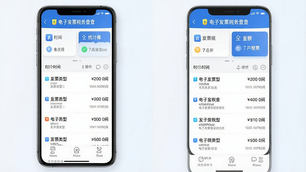 一张手机应用功能展示图,画面中展示电子发票税务查查的开票记录管理界面,界面中包含按时间排序的发票记录列表,每条记录显示发票类型、金额和操作时间,顶部有统计概览卡片,整体采用浅色背景搭配蓝色强调色,风格为现代移动端UI设计,细节包括卡片阴影、图标装饰、列表分隔线,画质清晰,干净整洁,画面中带有