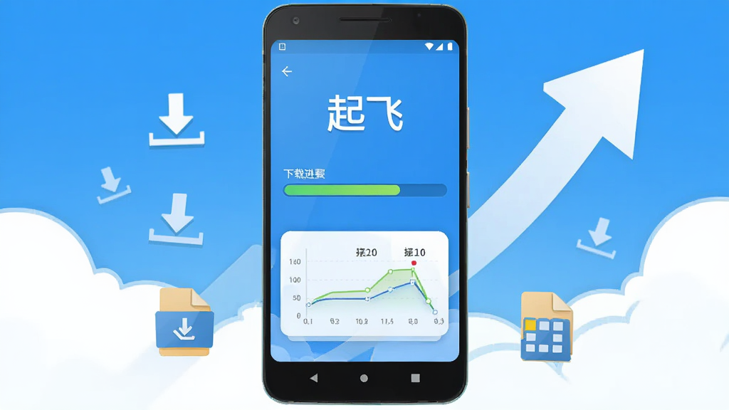 画面中央是一部安卓手机,手机屏幕显示“起飞”软件主界面,界面中有下载进度条和速度图表,背景是蓝天白云和上升的箭头,布局简洁明了,排版居中,风格为科技感扁平插画,细节包括手机周围的下载图标和文件图标,画质高清,干净,无多余元素