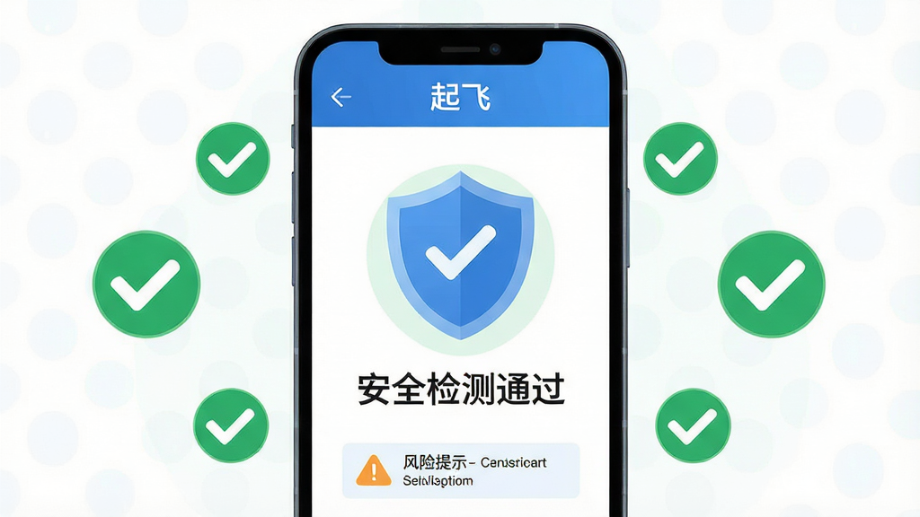 画面展示“起飞”软件的安全检测界面,手机屏幕中显示盾牌图标和“安全检测通过”字样,周围环绕着绿色对勾标记,布局居中,排版对称,风格为安全主题扁平插画,细节包括链接扫描线和风险提示图标,画质高清,干净,无多余元素