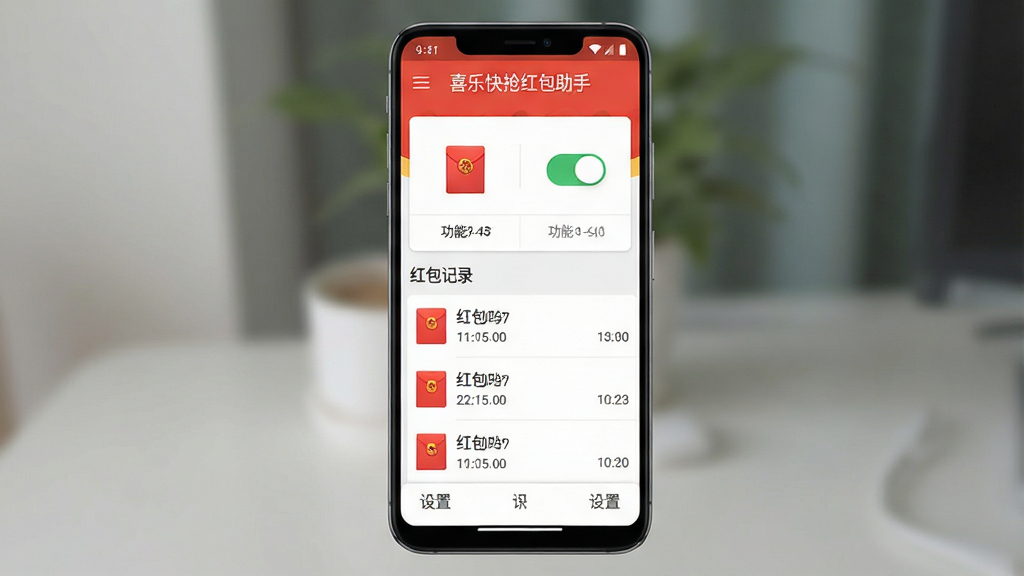 一张展示喜乐快抢红包助手软件界面的手机截图,主体是一部竖屏安卓手机,屏幕显示红包助手主界面,布局简洁清晰,顶部有软件名称“喜乐快抢红包助手”字样,中间是功能开关按钮和红包记录列表,底部是设置选项,排版整齐,风格为现代简约扁平化设计,细节上包含红包图标、开关控件、时间戳等元素,画质高清,界面干净,无多余元素
