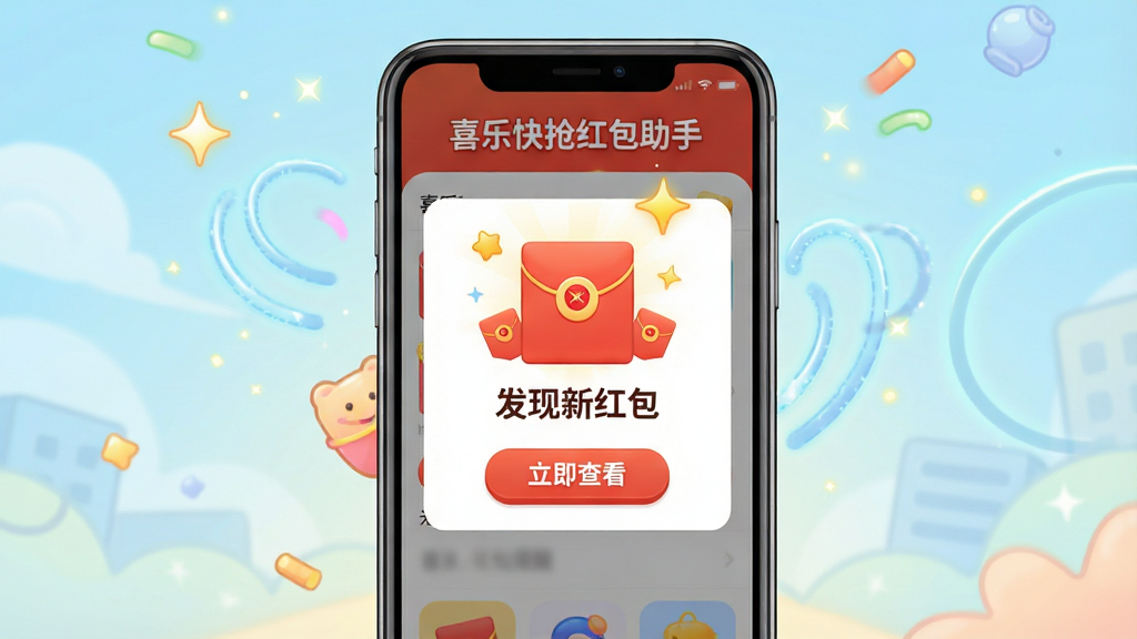 一张展示喜乐快抢红包助手智能提醒功能的示意图,主体是手机屏幕弹出红包提醒弹窗,布局为手机居中放置,屏幕上方显示“喜乐快抢红包助手”名称,中间是醒目的红包图标和“发现新红包”文字提示,下方有“立即查看”按钮,排版层次分明,风格为明亮活泼的卡通风格,细节包含红包元素、光效点缀,画质清晰,画面干净,无多余元素