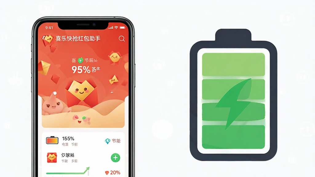 一张展示喜乐快抢红包助手低耗省电特性的宣传图,主体是一部手机和一块电池图标,布局为左右结构,左侧手机屏幕显示喜乐快抢红包助手界面,右侧电池图标显示绿色节能标识,排版简洁大方,风格为科技感扁平化设计,细节包含电量百分比、节能符号、软件名称“喜乐快抢红包助手”文字,画质高清,画面干净,无多余元素