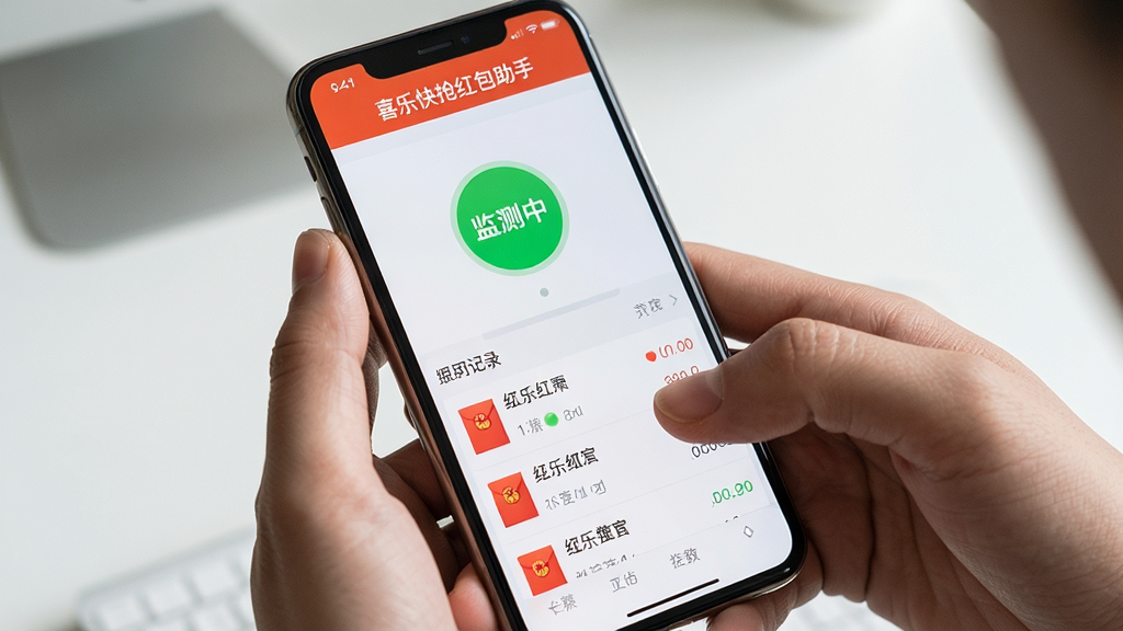 一张展示喜乐快抢红包助手在手机上运行的实操场景图,主体是一双手拿着手机,屏幕显示喜乐快抢红包助手已开启状态,布局为第一人称视角,手机屏幕清晰可见,上方有“喜乐快抢红包助手”标题栏,中间显示“监测中”绿色状态标识,下方有红包记录列表,排版直观,风格为真实生活场景摄影风格,细节包含手指操作、手机边框、界面元素,画质高清,画面干净,无多余元素