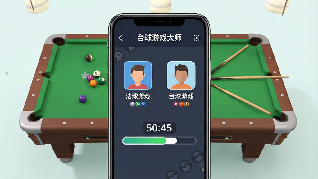 一张展示“台球游戏大师”在线匹配界面的图片,画面主体为手机屏幕内显示两名玩家头像与倒计时进度条,背景为3D台球桌,布局为手机居中、界面元素环绕,排版对称工整,风格为扁平化UI与3D场景结合,细节包括玩家昵称、段位图标、击球倒计时数字,画质高清,干净,无多余元素