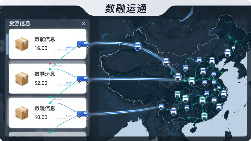 数融运通智能匹配功能展示图,画面分为左右两部分,左侧为货源信息卡片列表,右侧为地图上的车辆分布图标,中间用连接线表示匹配关系,顶部标注软件名称“数融运通”,风格简洁现代,细节包含货物图标、车辆图标与数据线条,画质清晰,干净整洁,无多余元素
