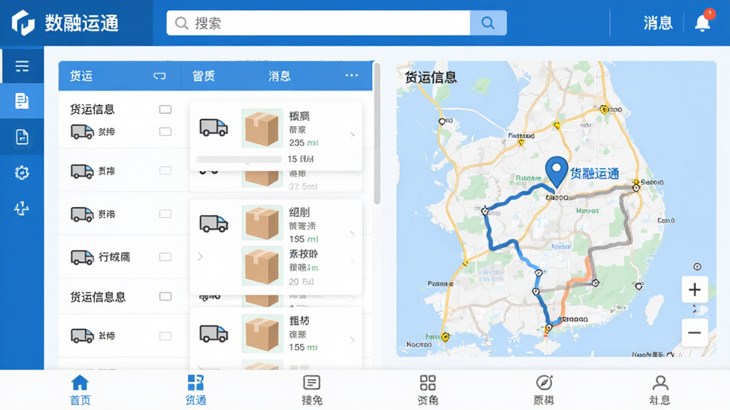 数融运通软件主界面截图,画面中央展示货运信息列表与地图定位模块,顶部包含搜索栏与消息通知图标,底部为功能导航菜单,整体布局清晰,采用蓝白商务配色风格,细节包含车辆图标、货物卡片与路线轨迹线条,画质清晰,干净整洁,无多余元素