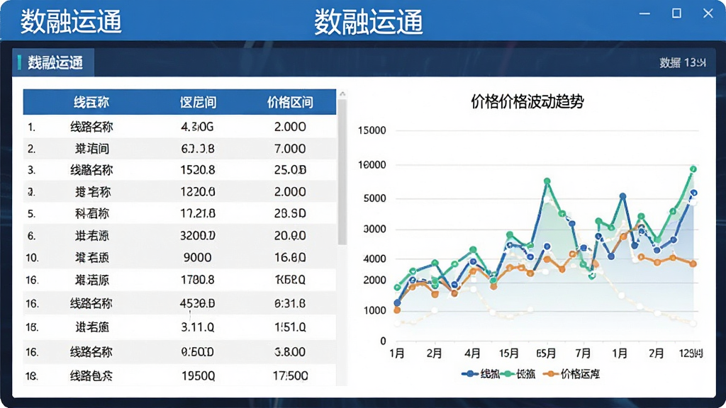 数融运通运价行情页面展示图,画面以表格与折线图形式呈现不同线路运费走势,表格包含线路名称与价格区间,折线图展示价格波动趋势,顶部标注软件名称“数融运通”,风格数据可视化,细节包含坐标轴、数据点与图例,画质清晰,干净整洁,无多余元素