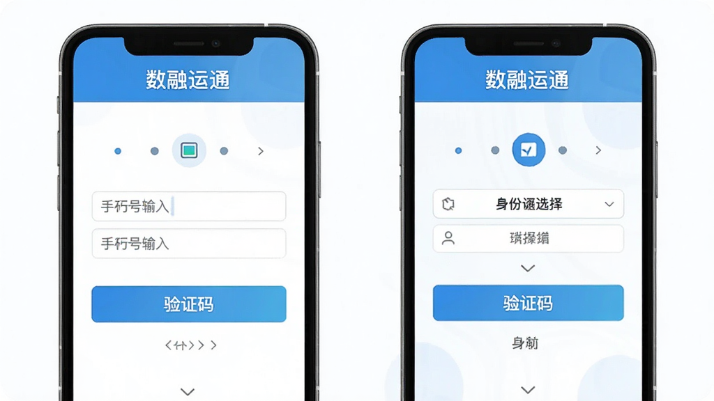 数融运通新手操作引导图,画面展示手机屏幕中注册认证流程步骤,包含手机号输入框、验证码按钮与身份选择选项,界面简洁,顶部标注软件名称“数融运通”,风格清新扁平,细节包含步骤指示点与图标,画质清晰,干净整洁,无多余元素