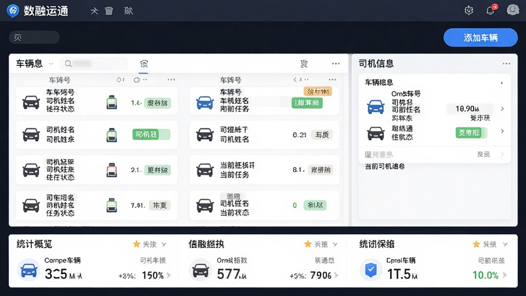 数融运通车队管理功能界面图,画面展示车辆列表与司机信息卡片,每张卡片包含车牌号、司机姓名与当前任务状态,顶部有添加车辆按钮,底部为统计概览数据,顶部标注软件名称“数融运通”,风格清爽商务,细节包含车辆图标与状态标签,画质清晰,干净整洁,无多余元素