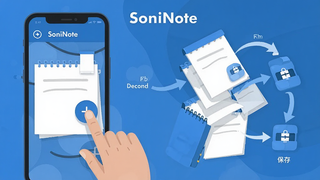一张展示 SoniNote 快速新建笔记功能的示意图,画面左侧为手机界面,手指正点击悬浮新建按钮,右侧以爆炸图形式展示笔记从创建到保存的流程,标注“SoniNote”文字,整体采用扁平化插画风格,配色以蓝白为主,画面干净整洁,画质清晰,无多余元素