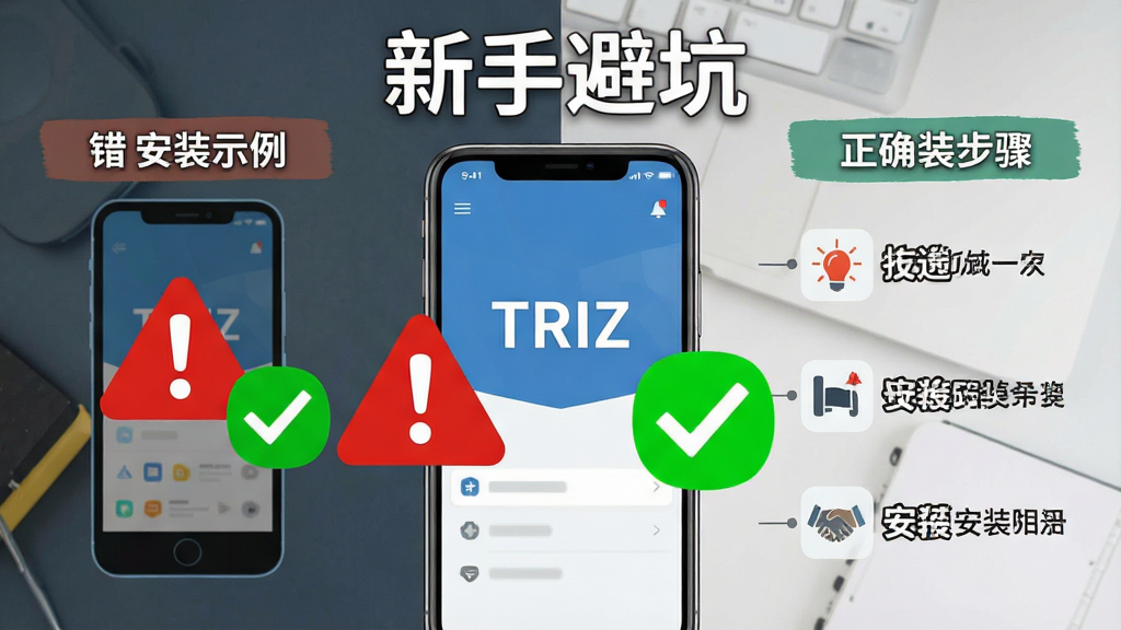 ��������Ϊһ�������ֻ�����Ļ��ʾ��TRIZ����װ���棬�Ա��к�ɫ�����־����ɫ�Թ�ͼ�ꡣ���ֲ������ҶԱ���ʽ�����Ϊ����װʾ�����Ҳ�Ϊ��ȷ��װ���衣�Ű����ֻ����У��Ϸ��С����ֱܿӡ����֡����Ϊ��ƽ����Ϣͼ��ϸ�ڰ��������־���С�!�����ţ��Թ�Ϊ����ɫ�������������ɾ����޶���Ԫ�أ�ͻ����ȫ��װָ����