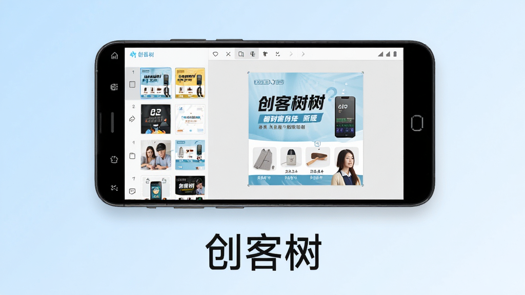 创客树手机海报制作界面展示,画面中央是一部安卓手机,手机屏幕上显示创客树APP的海报编辑页面,左侧是模板缩略图列表,右侧是编辑画布,画布上有一张正在制作中的促销海报,包含文字和商品图片,手机下方有“创客树”三个字,背景为浅蓝色渐变,风格简洁清新,细节清晰,画质干净,无多余元素