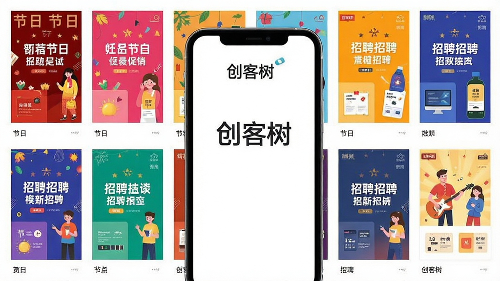 创客树模板库界面,画面展示一排排整齐的海报模板缩略图,涵盖节日、促销、招聘等不同主题,每张模板色彩鲜明,布局清晰,手机屏幕上方显示“创客树”文字标识,背景为白色,风格干净整洁,画质清晰,无多余元素