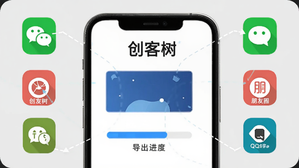 创客树海报导出分享界面,画面中一部手机显示海报导出进度条,旁边有微信、朋友圈、QQ等分享图标,手机屏幕上方有“创客树”字样,背景为浅灰色,风格简约现代,细节清晰,画质干净,无多余元素