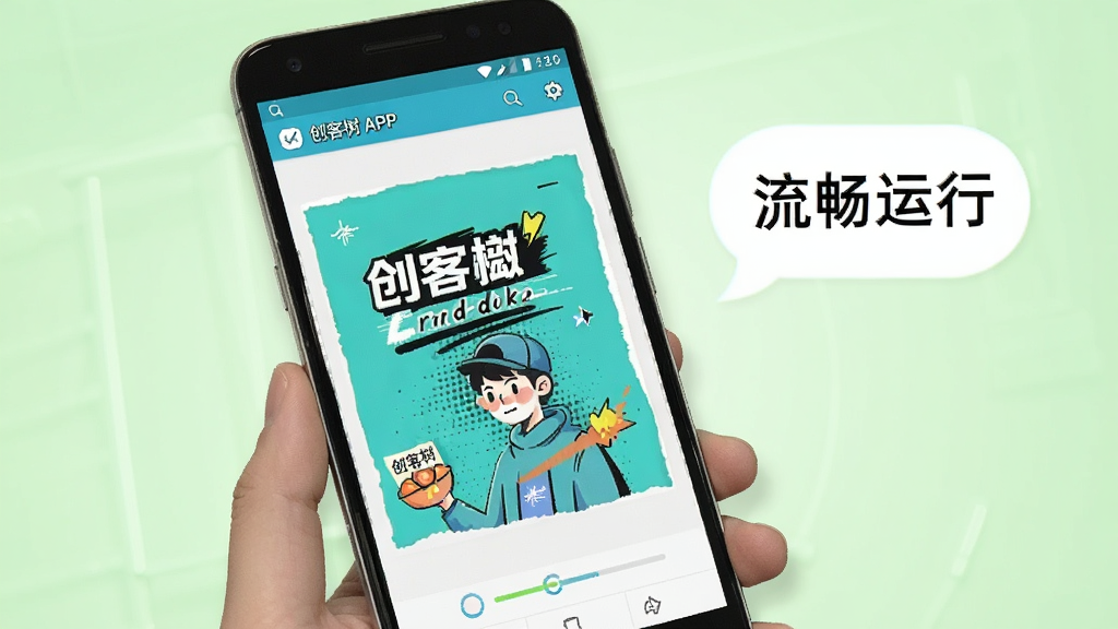 创客树在安卓手机上流畅运行的场景,画面展示一部普通安卓手机,屏幕上创客树APP正在编辑海报,界面响应迅速,手机旁边有“流畅运行”文字气泡,背景为浅绿色,风格清爽,画质清晰,无多余元素