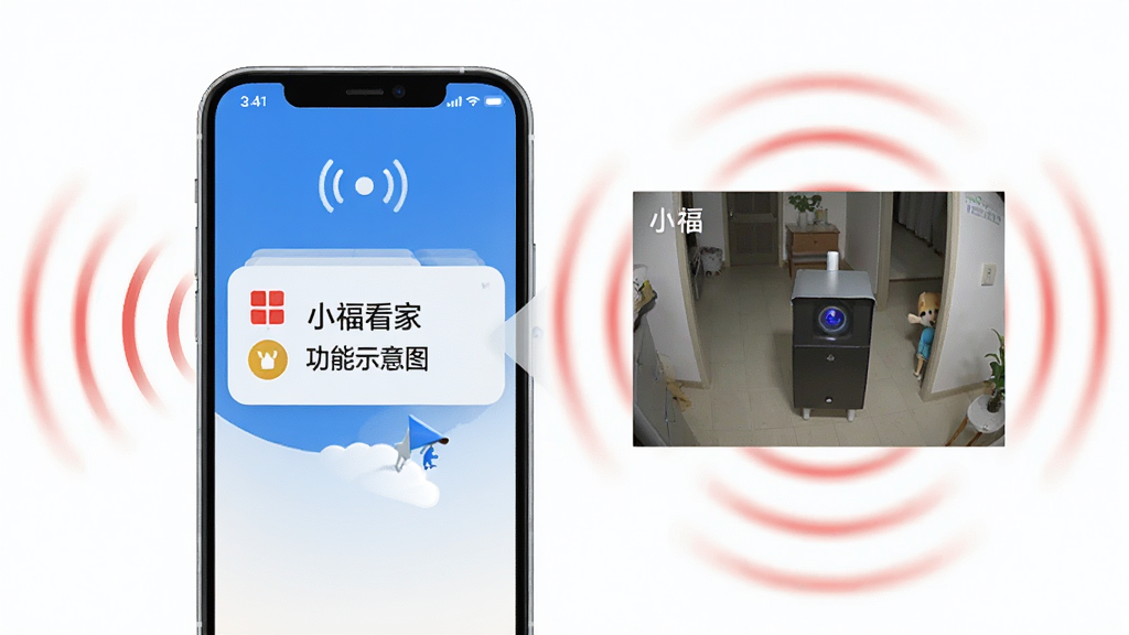 小福看家智能报警功能示意图,画面中一部手机弹出报警通知,通知旁边显示摄像头捕捉到的移动物体画面,背景有红色警示波纹元素;整体风格简洁明快,蓝白为主色调,突出报警推送的及时性,画质清晰干净