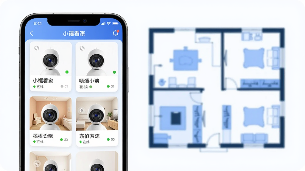 小福看家多设备管理界面插图,画面中一部手机显示多个摄像头设备卡片,每个卡片标注不同房间名称和在线状态;背景有家庭户型简图,风格简洁现代,蓝白配色,排版整齐,画质清晰干净