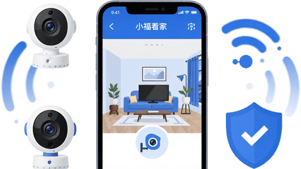 画面中央展示一部智能手机,手机屏幕上显示着小福看家的监控画面界面,画面中有客厅场景和摄像头图标;手机周围环绕着智能摄像头、WiFi信号波纹、盾牌安全图标等元素;整体采用扁平化科技风格,蓝白配色,构图简洁干净,画质清晰,无多余杂乱元素