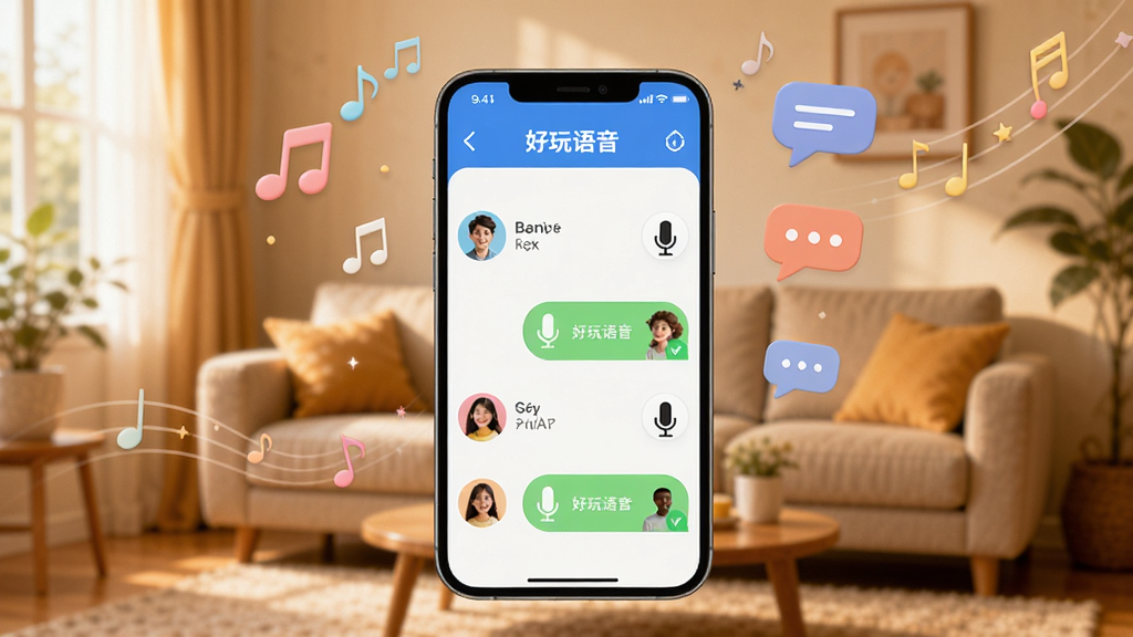 画面中央展示一部智能手机,手机屏幕上显示“好玩语音”APP的聊天房间界面,界面中有多个用户头像和麦克风图标,背景是柔和的暖色调客厅环境,周围漂浮着音符和对话气泡元素,整体风格清新活泼,细节丰富,画质清晰,画面干净,无多余元素