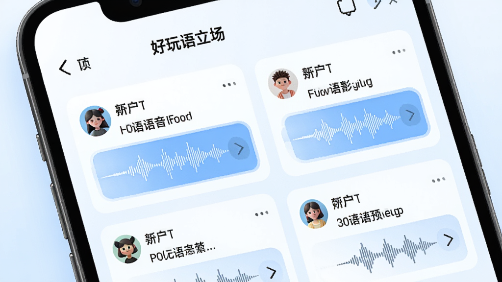 手机屏幕显示“好玩语音”动态广场页面,页面中排列着多条用户动态卡片,包含头像、文字和语音波形图,背景是清爽的白色和浅蓝色,风格简约时尚,细节丰富,画质清晰,画面干净,无多余元素