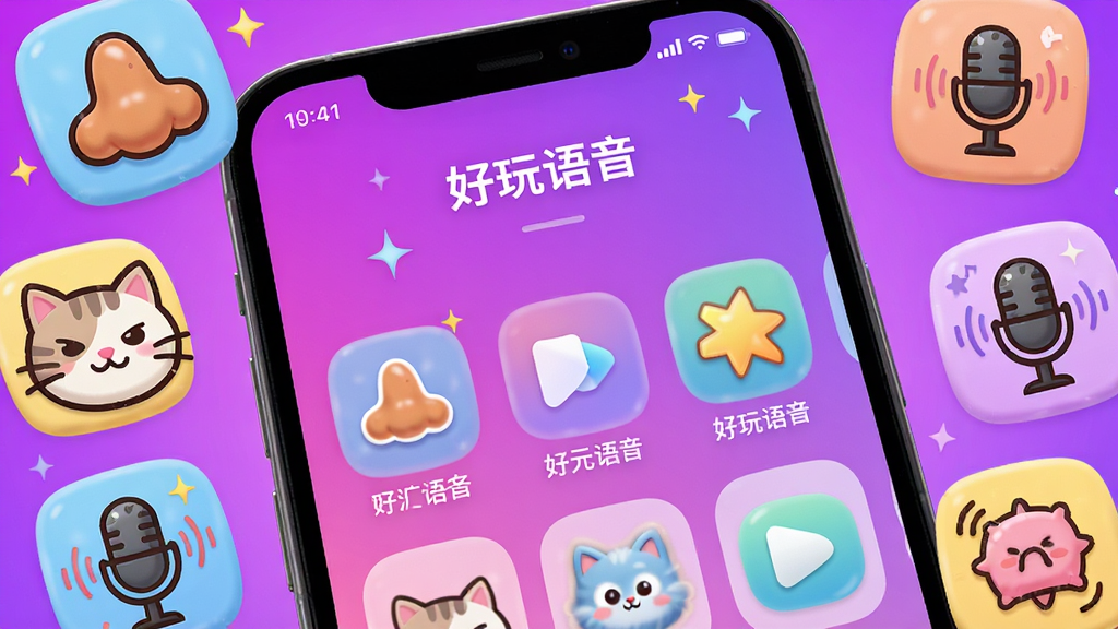手机屏幕特写,显示“好玩语音”的语音包选择界面,屏幕周围环绕着各种卡通风格的音效图标,如小丑鼻子、猫咪头像、麦克风等,背景是明亮的渐变紫色,风格活泼可爱,细节精致,画质清晰,画面干净,无多余元素