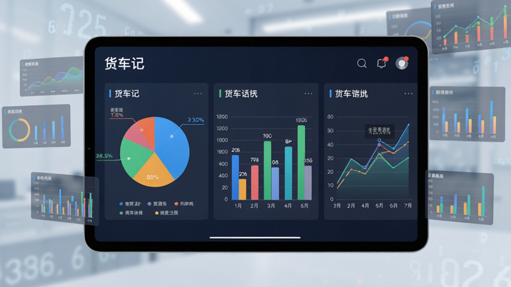 画面展示平板电脑或手机横屏显示“货车记”APP的数据报表页面,页面中有饼图、柱状图和折线图,图表颜色鲜明。布局为设备居中,周围有淡淡的数字与图表浮动元素。风格为商务数据可视化,细节包括图表标注清晰、数据真实感强。画质高清,干净,无多余元素。