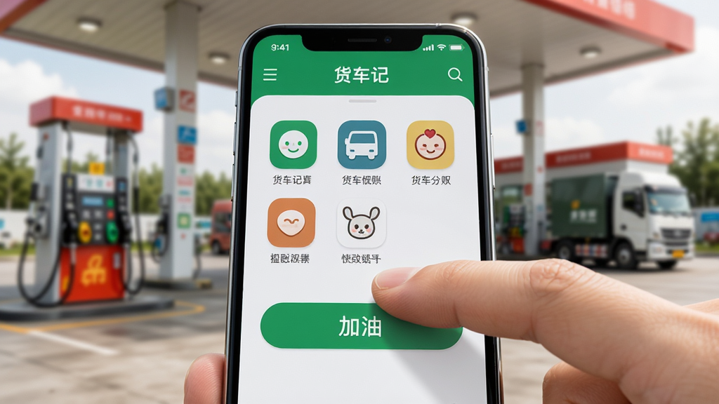 画面主体为一只手指点击手机屏幕上的“加油”记账按钮,手机屏幕显示“货车记”APP的记账分类图标,背景是加油站场景。布局为手指与手机特写居中,加油站虚化在后方。风格为写实生活化,细节包括屏幕上的图标清晰、按钮有按压感。画质高清,干净,无多余元素。