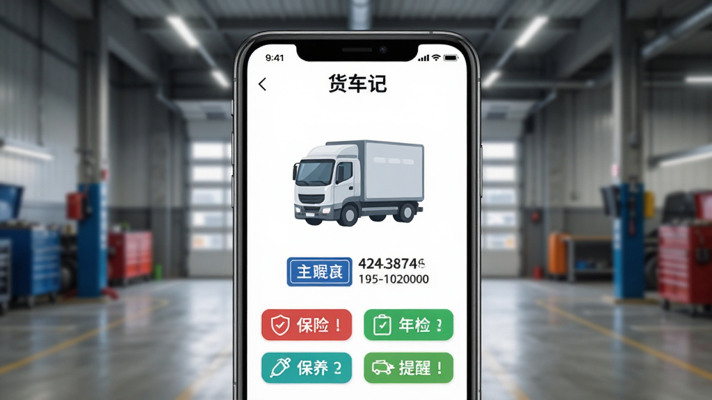 画面展示“货车记”APP的车辆档案页面,屏幕上有一辆货车的图标和车牌信息,旁边有保险、年检、保养的提醒标签。布局为手机屏幕特写居中,背景是车库或停车场。风格为实用工具类,细节包括提醒标签的颜色醒目、文字清晰。画质高清,干净,无多余元素。