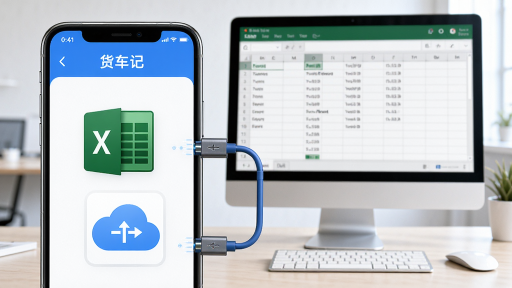 画面展示“货车记”APP的数据导出界面,手机屏幕上有一个Excel表格图标和云朵同步图标,背景是电脑屏幕显示表格数据。布局为手机与电脑并排,中间有数据线连接感。风格为科技办公,细节包括云朵图标和表格图标清晰。画质高清,干净,无多余元素。