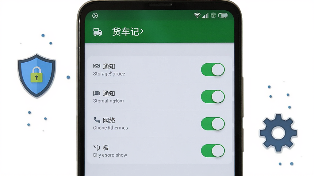 画面展示一部安卓手机显示“货车记”APP的权限设置页面,屏幕上有存储、通知、网络等权限开关,背景是简洁的手机设置界面。布局为手机特写居中,旁边有盾牌和齿轮的小图标装饰。风格为教程说明类,细节包括开关状态清晰、文字可读。画质高清,干净,无多余元素。