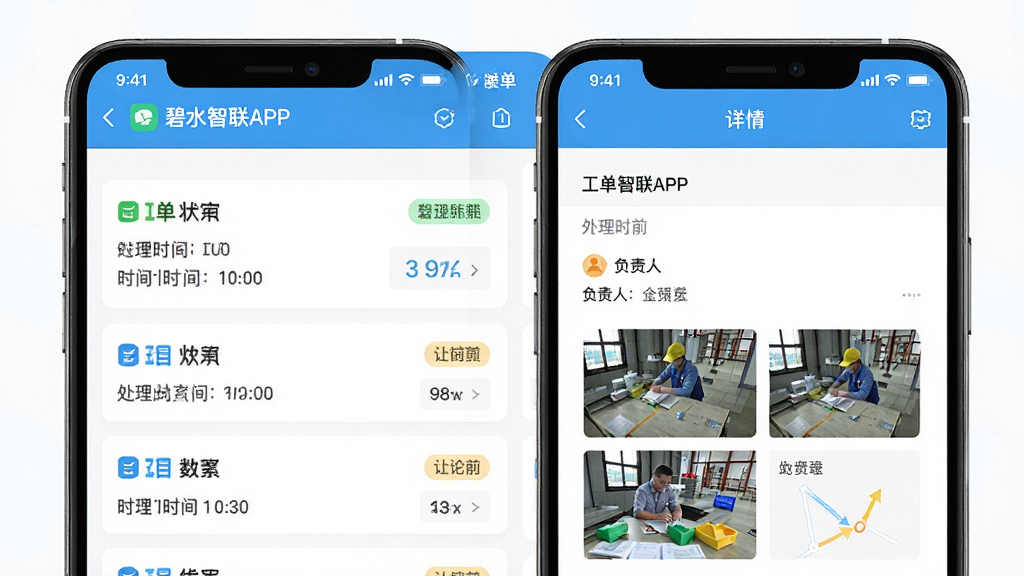 碧水智联APP工单管理界面,画面展示手机屏幕中的工单列表与详情页,布局为列表加详情双栏结构,风格为清爽商务风,细节上包含工单状态标签、处理时间、负责人信息与现场照片缩略图,画质高清,界面干净,无多余元素