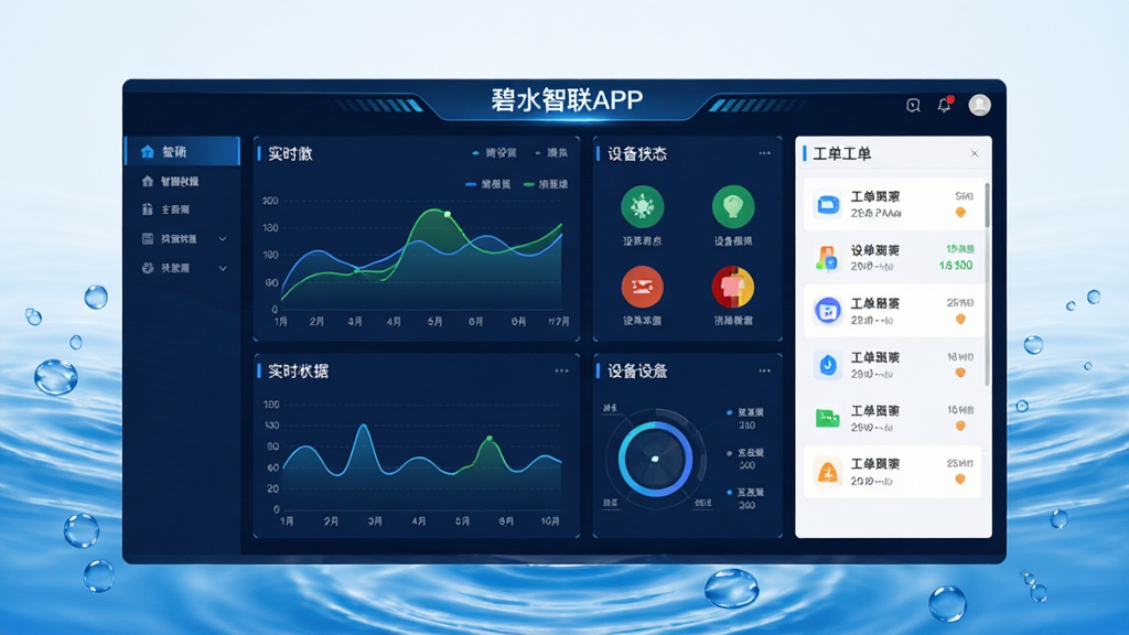 碧水智联APP主界面截图,画面中央展示智慧水务监控仪表盘,包含实时数据曲线、设备状态图标与工单列表,布局清晰,排版采用卡片式分区,风格为现代简约科技风,细节上突出蓝色水波纹元素与数据可视化图表,画质高清,界面干净,无多余元素
